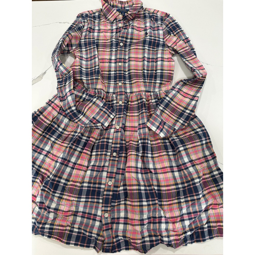Polo Ralph Lauren Girls Plaid Shirt Dress Pink Navy Cotton Size 16 Long Sleeve